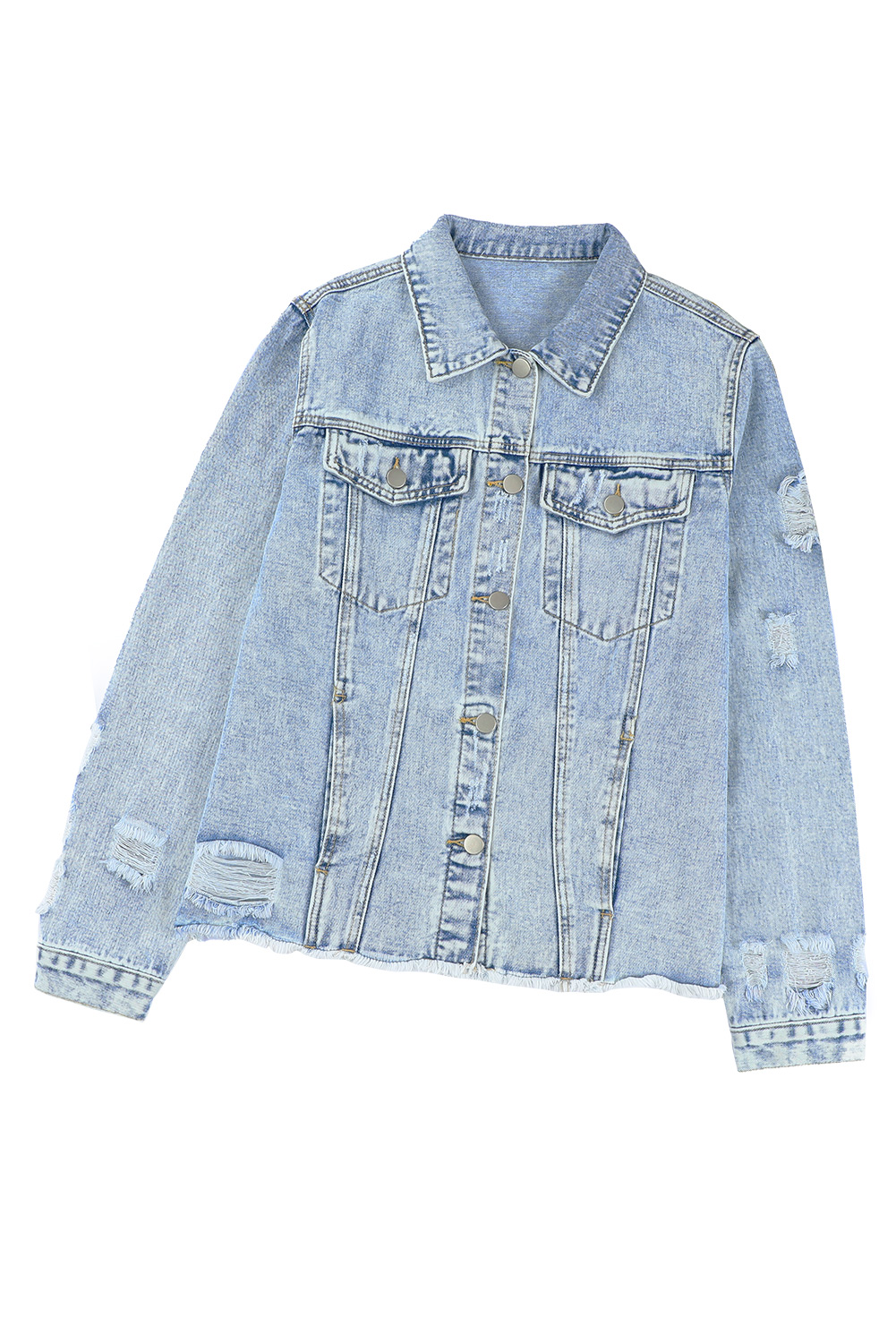 Sky Blue Lapel Distressed Raw Hem Buttons Denim Jacket - loveforevers