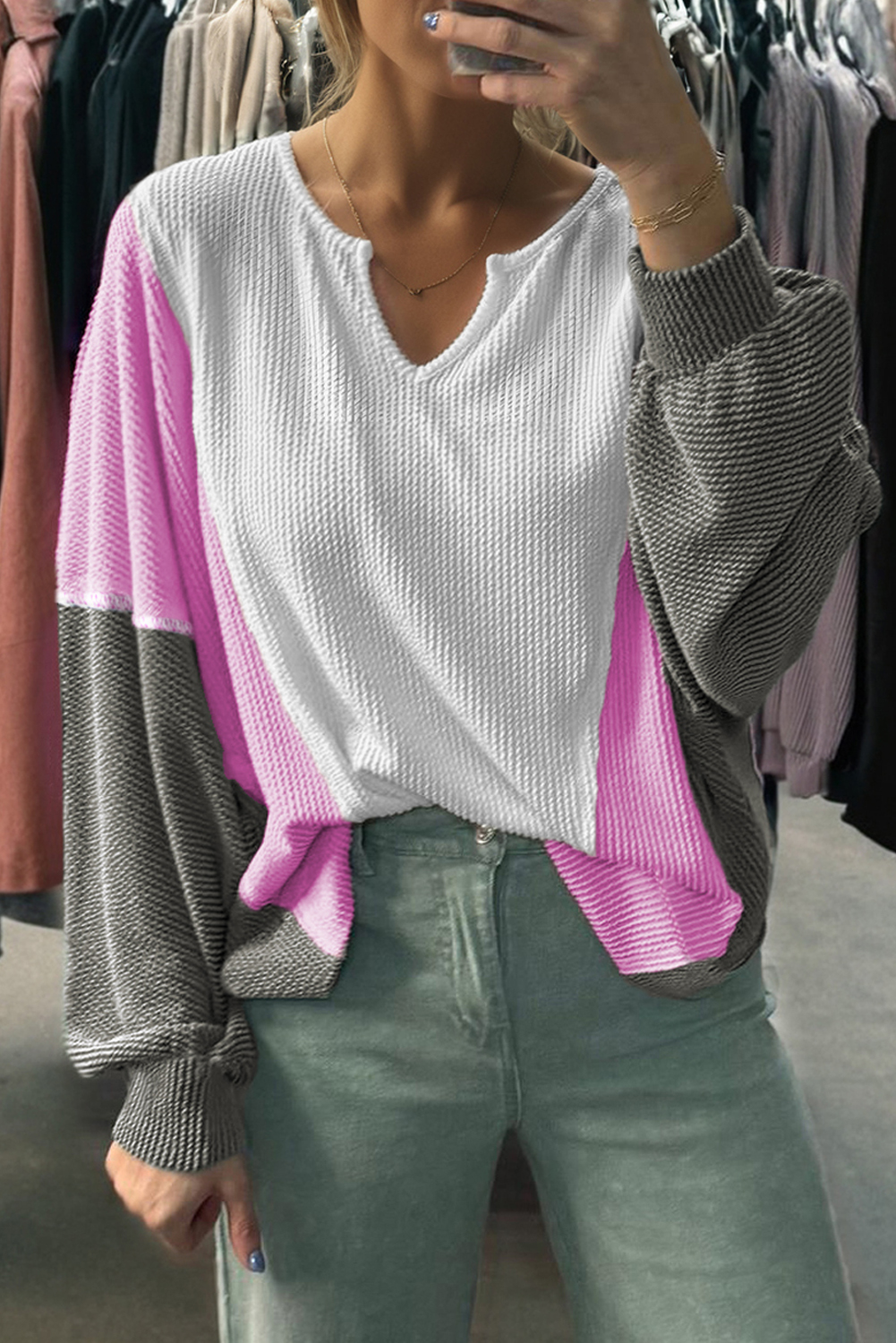 White Spiral Ribbed Raw Seam Color Block Patchwork Long Sleeve Top - loveforevers