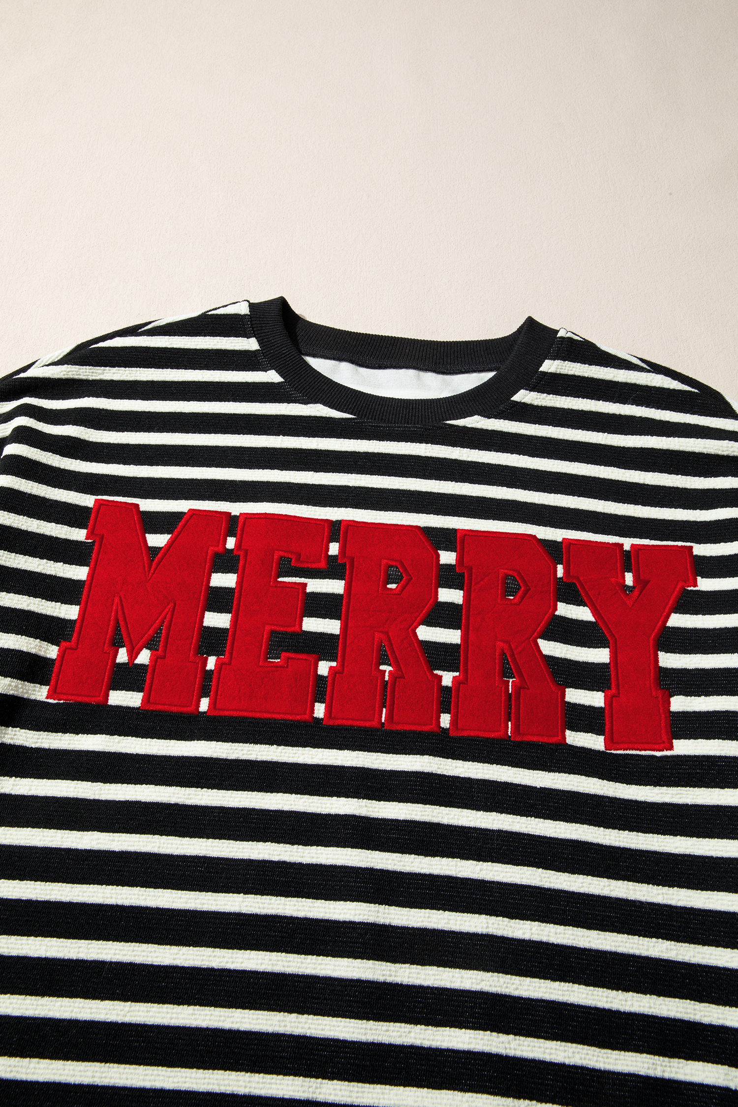 White Stripe Contrast MERRY Letter Christmas Print Drop Shoulder Sweatshirt - loveforevers