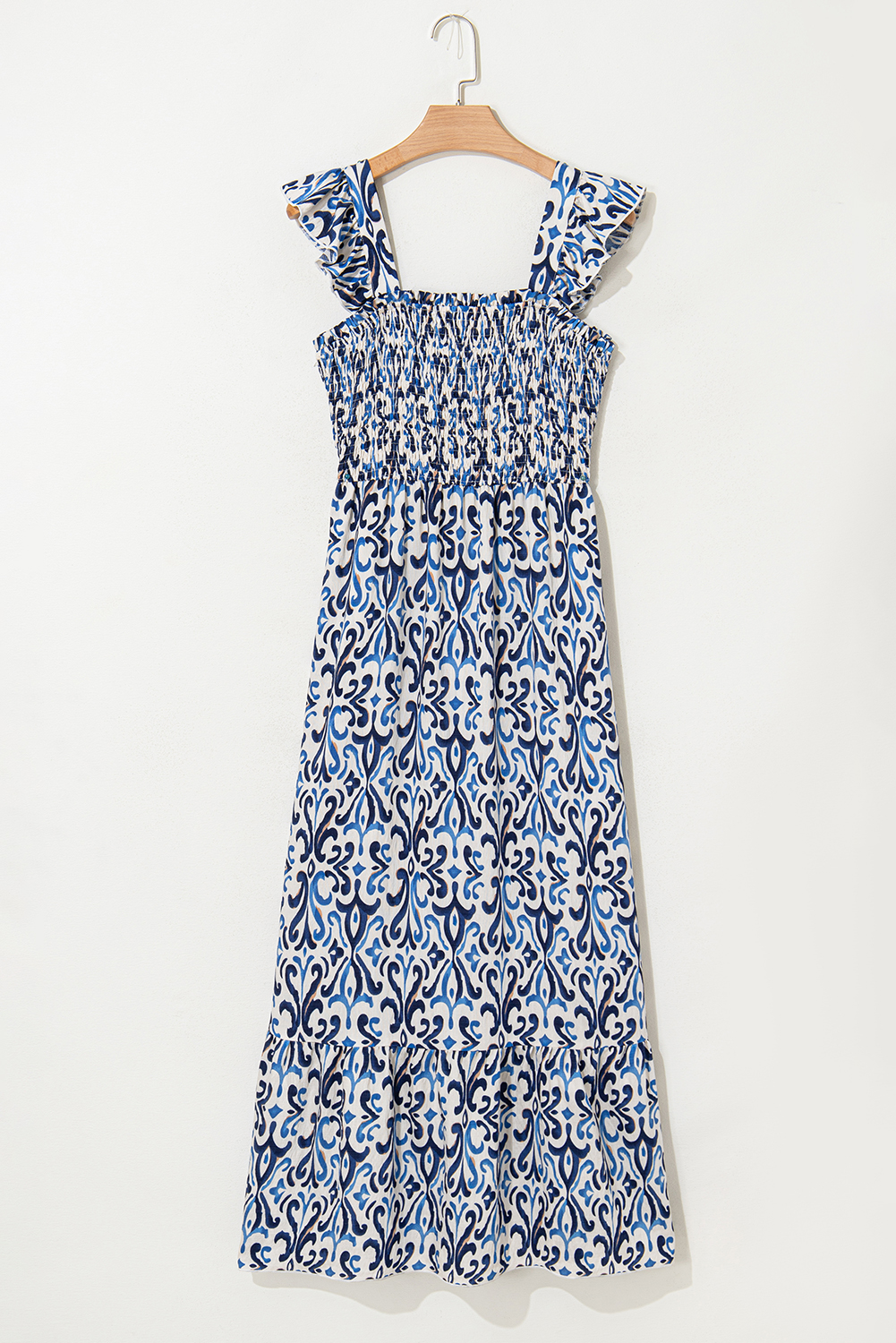 Sky Blue Boho Print Smocked High Waist Maxi Dress - loveforevers