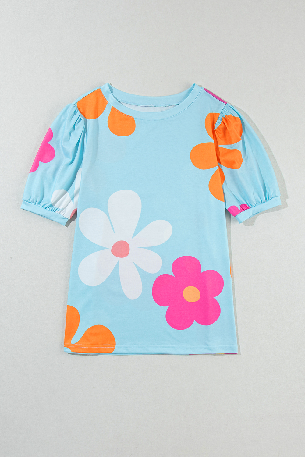 Sky Blue Flower Print Bubble Sleeve Tee - loveforevers
