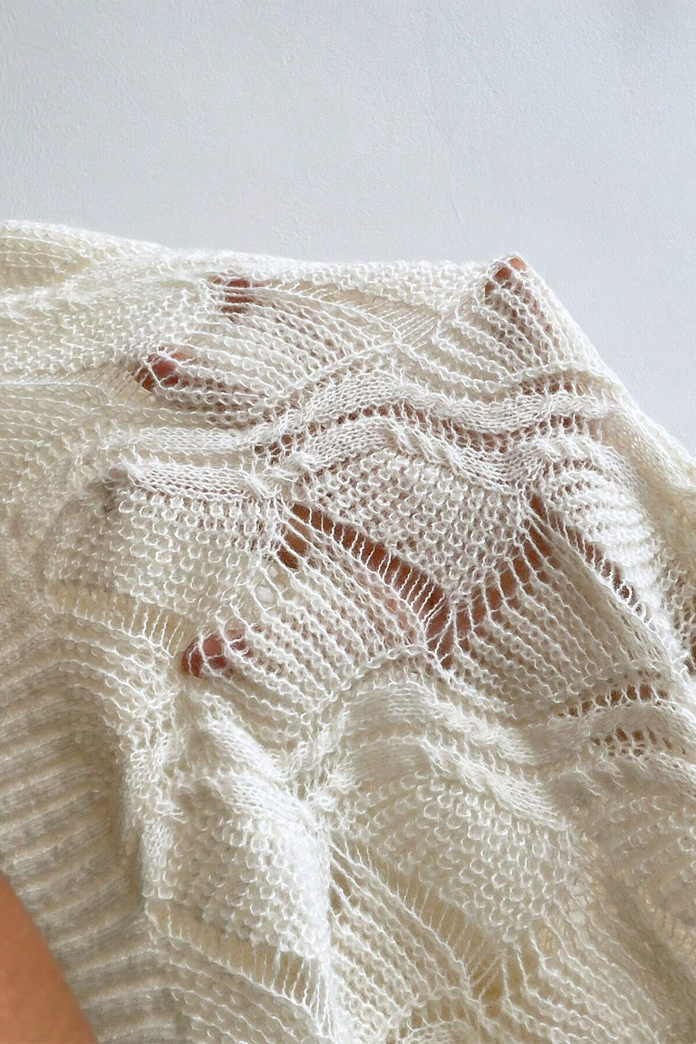 Beige Hollow Out Knit V Neck Drop Shoulder Sweater - loveforevers