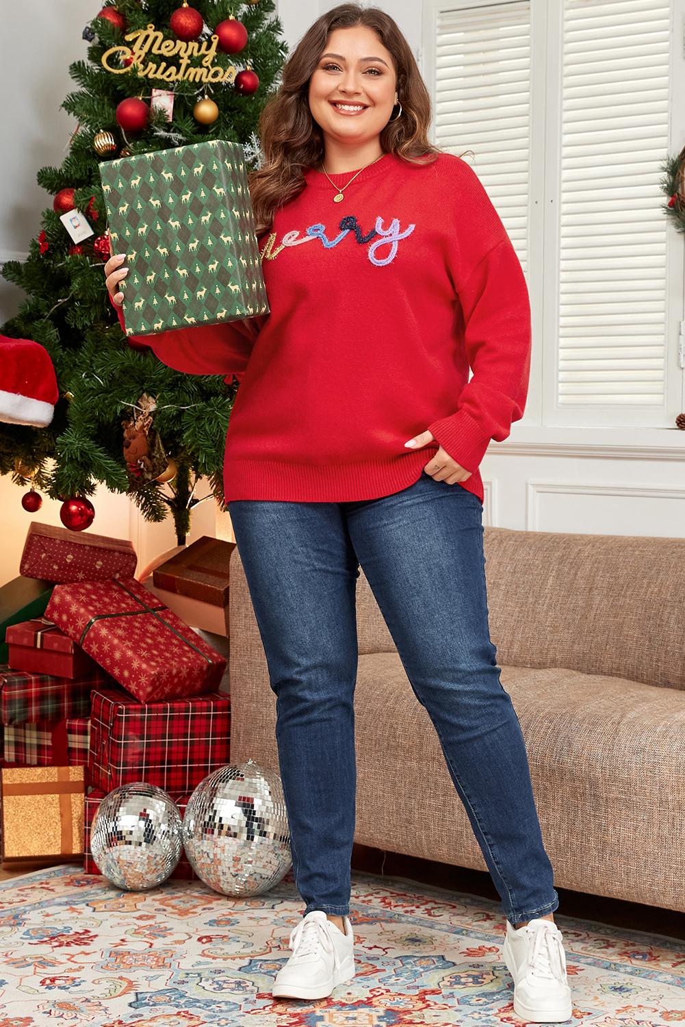 Fiery Red Tinsel Merry Letter Drop Shoulder Baggy Sweater - loveforevers