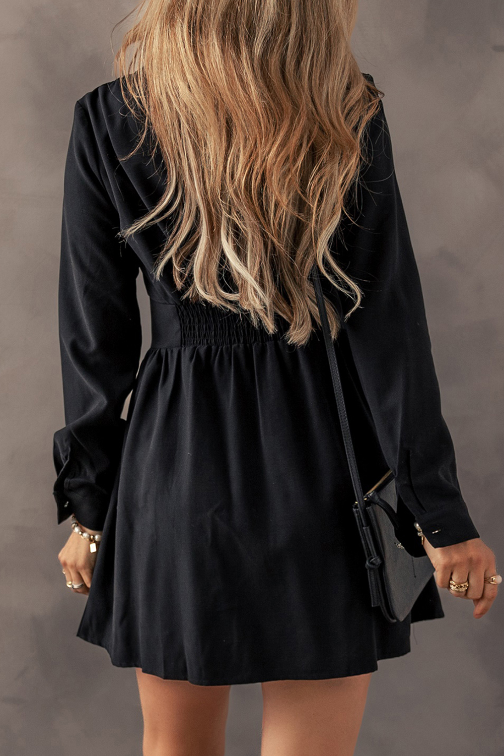 Black Elastic Cinched High Waist Long Sleeve Shirt Mini Dress - loveforevers