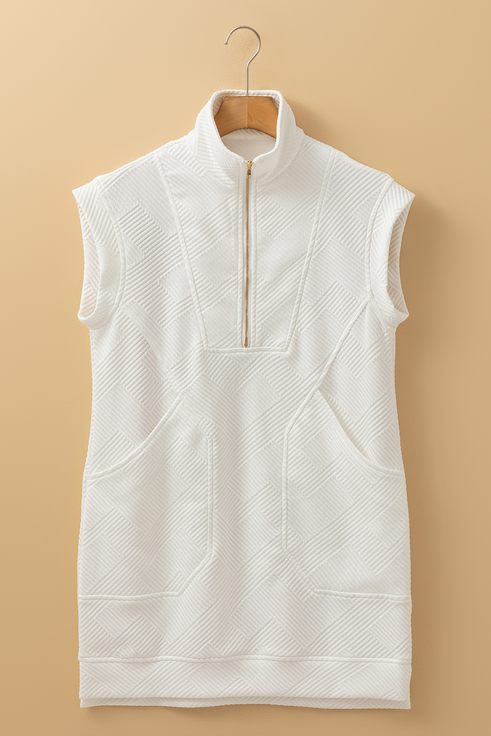 White Textured Half Zip Collared Cap Sleeve Mini Dress - loveforevers