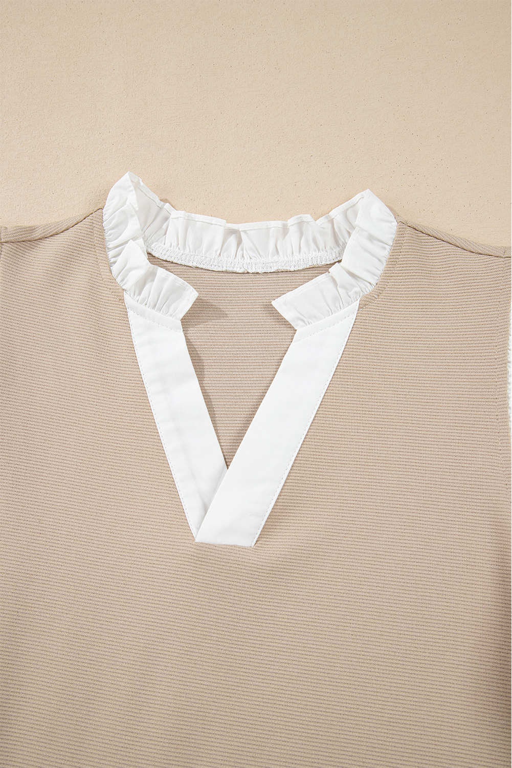Pale Khaki Contrast V Neck Ruffled Textured Knit Top - loveforevers