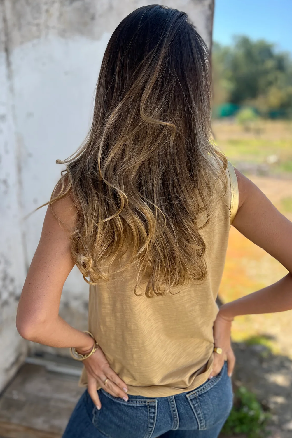 Tan Metallic Sheen Edge Scoop Neck Tank Top - loveforevers