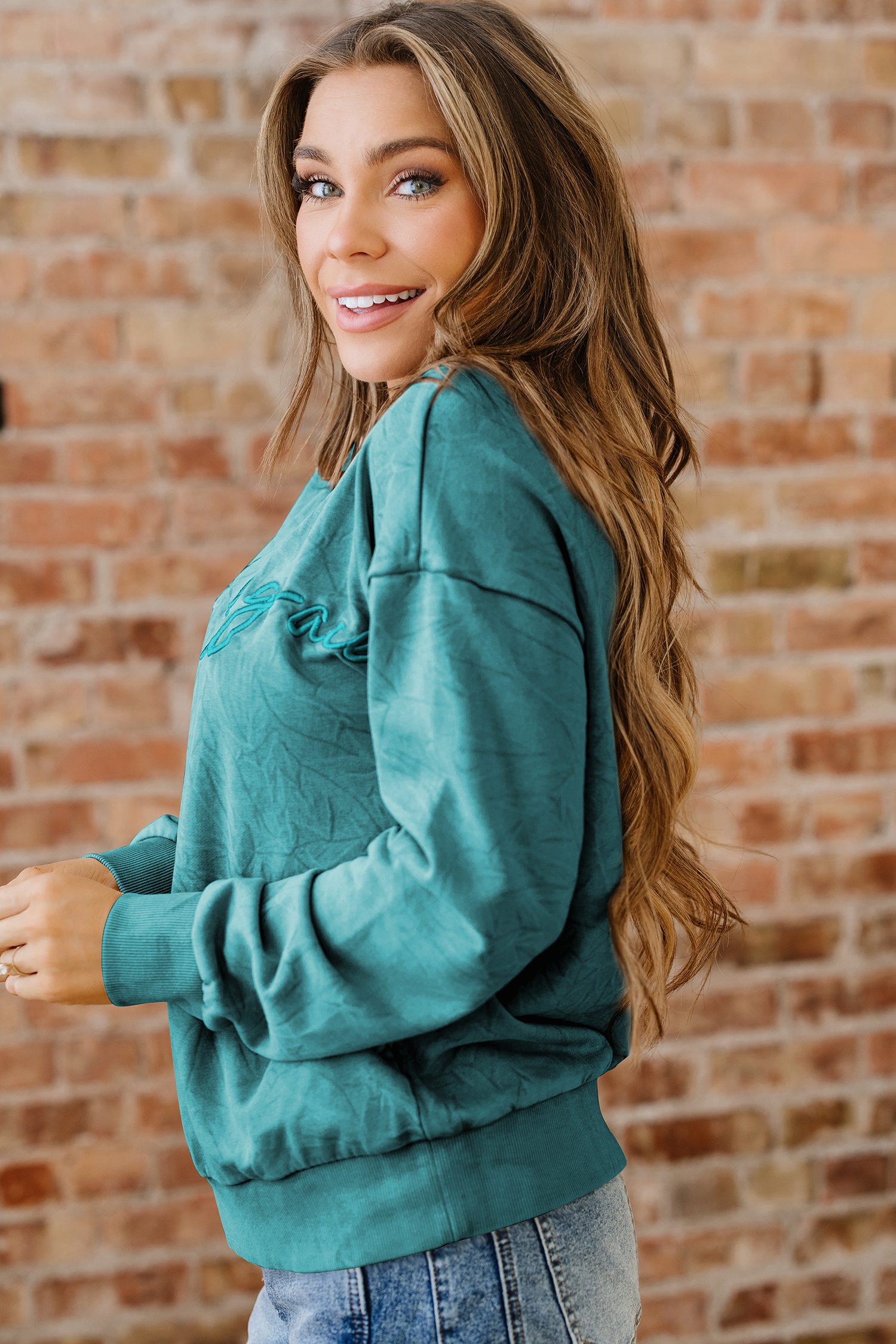 DUNE saved by grace Letter Embroidery Mineral Wash Loose Sweatshirt - loveforevers