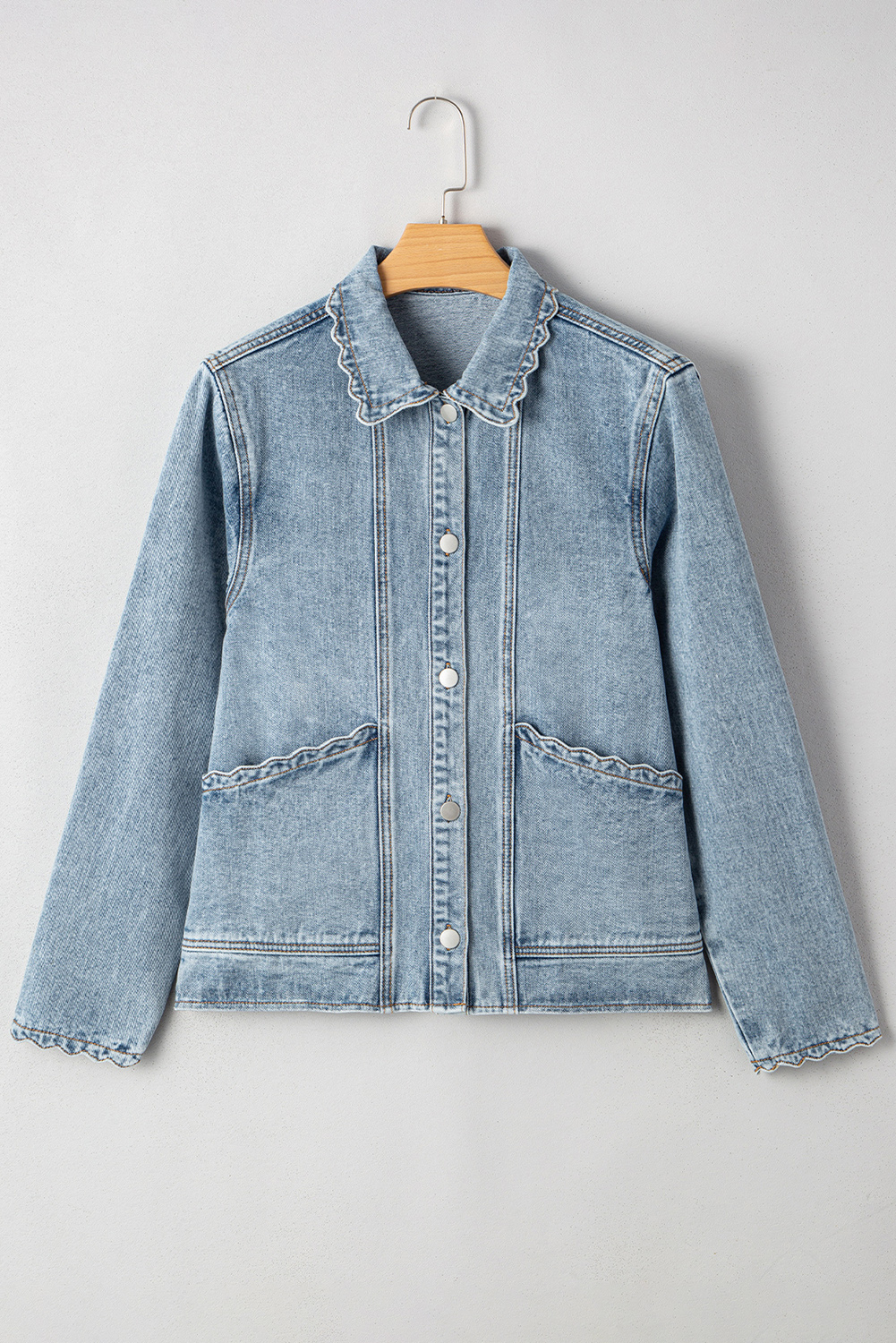Myosotis Scallop Trim Collar Patched Pocket Button Up Mineral Washed Denim Jacket - loveforevers