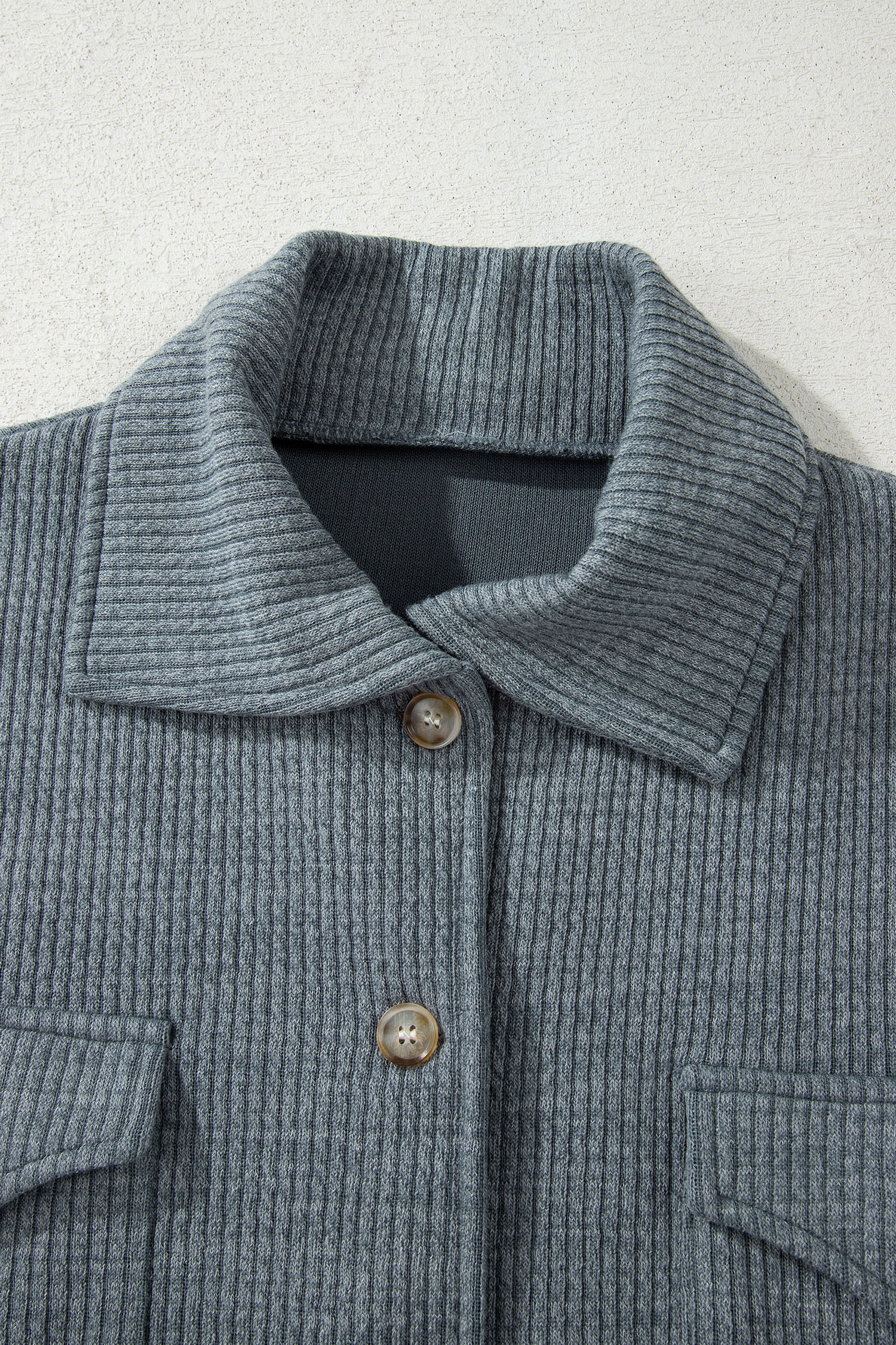 Medium Grey Ribbed Knit Buttons Front Flap Pocket Casual Shacket - loveforevers