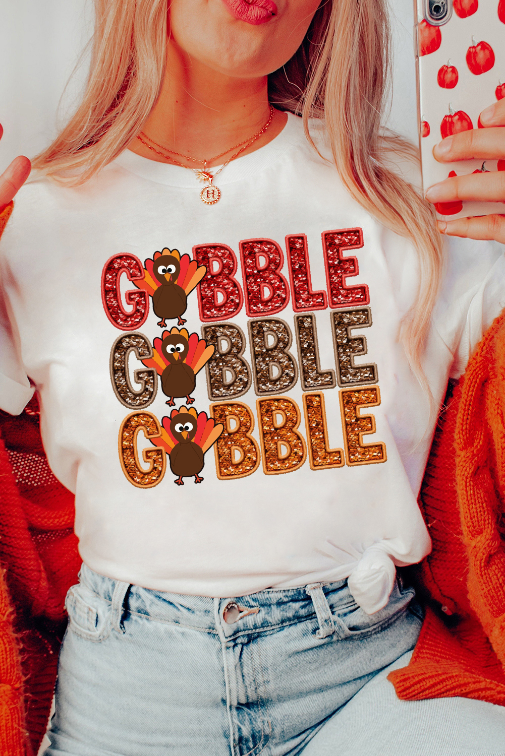 White GOBBLE Thanksgiving Turkey Print T Shirt - loveforevers