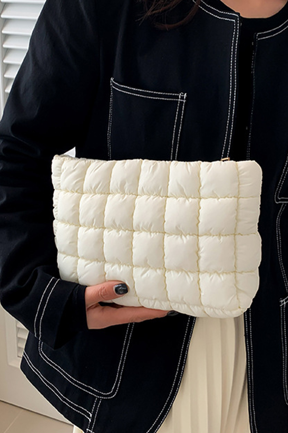 White Zipper Quilted Puffer Cosmetic Bag - loveforevers