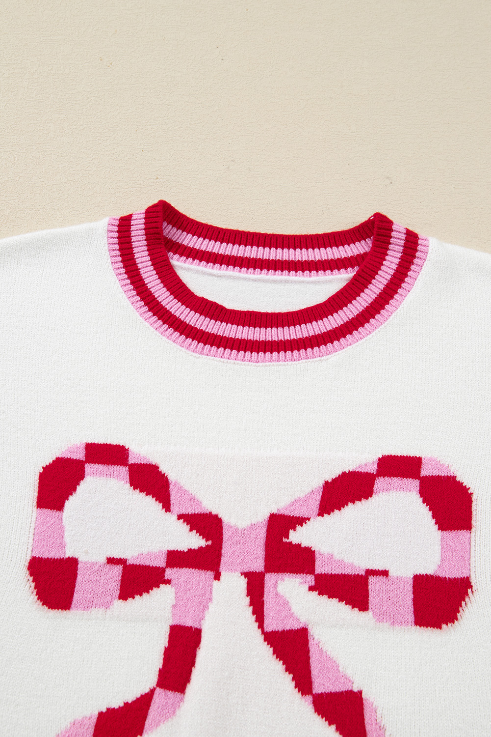 White Striped Trim Bow Graphic Round Neck Drop Shoulder Sweater - loveforevers
