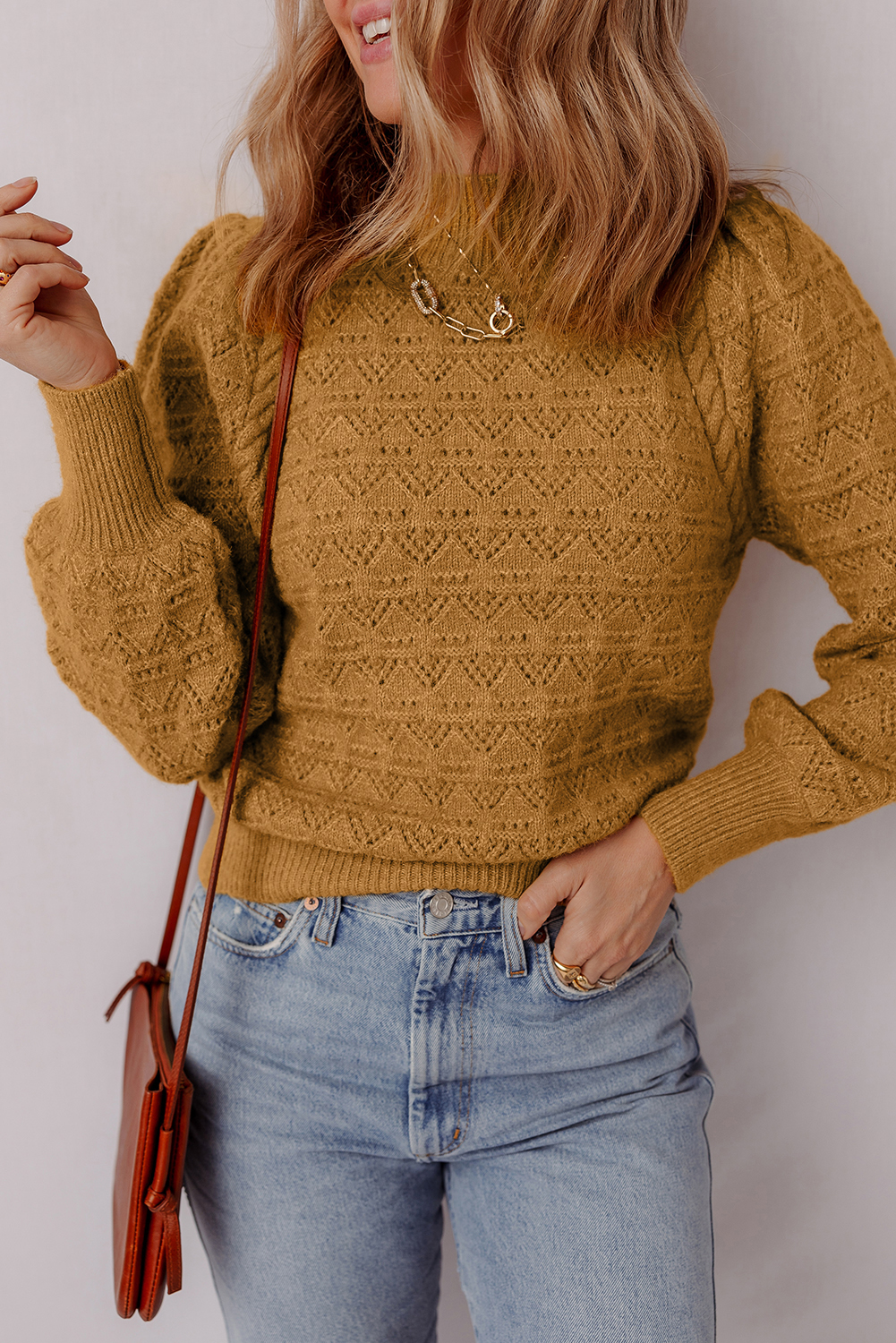 Jurassic Gold Hollow Out Crochet Ribbed Edge Balloon Sleeve Sweater - loveforevers