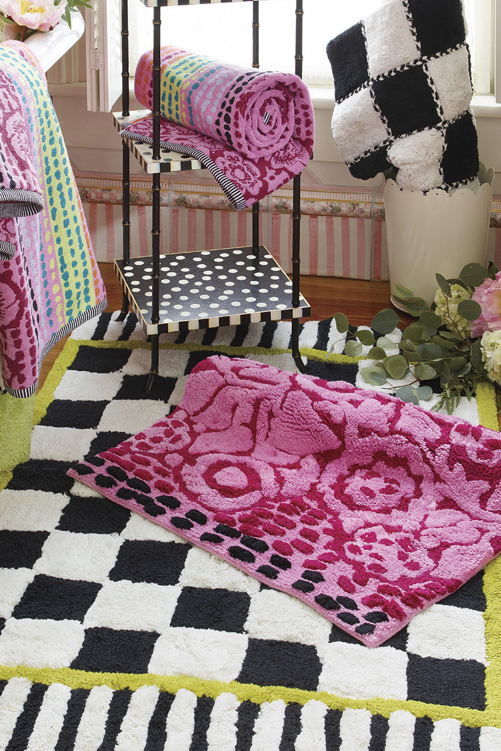 Spinach Green Square Trim Plush Checkered Striped Bath Rug - loveforevers