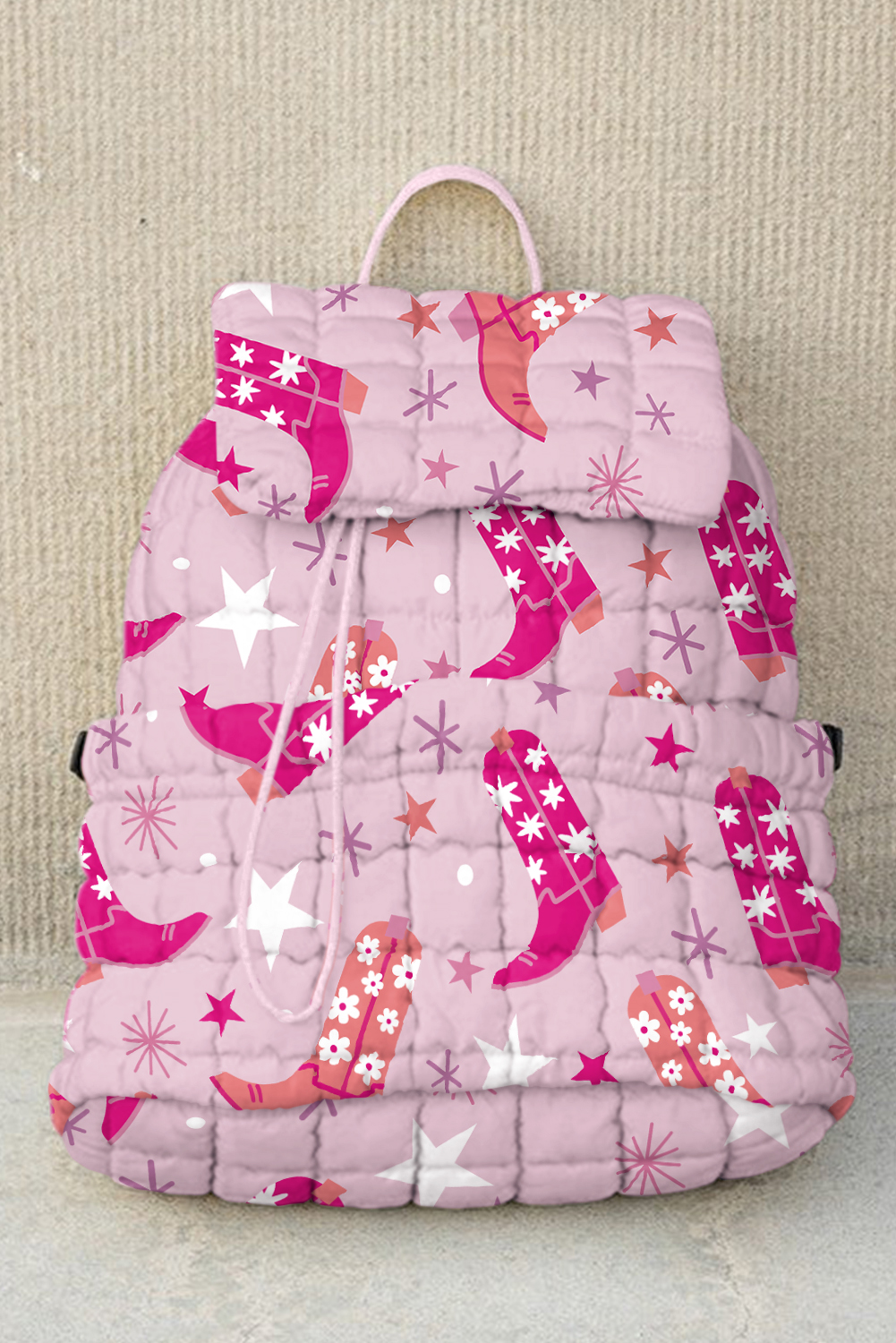 Pink Western Boots Stars Print Quilted Flap Large Backpack - loveforevers