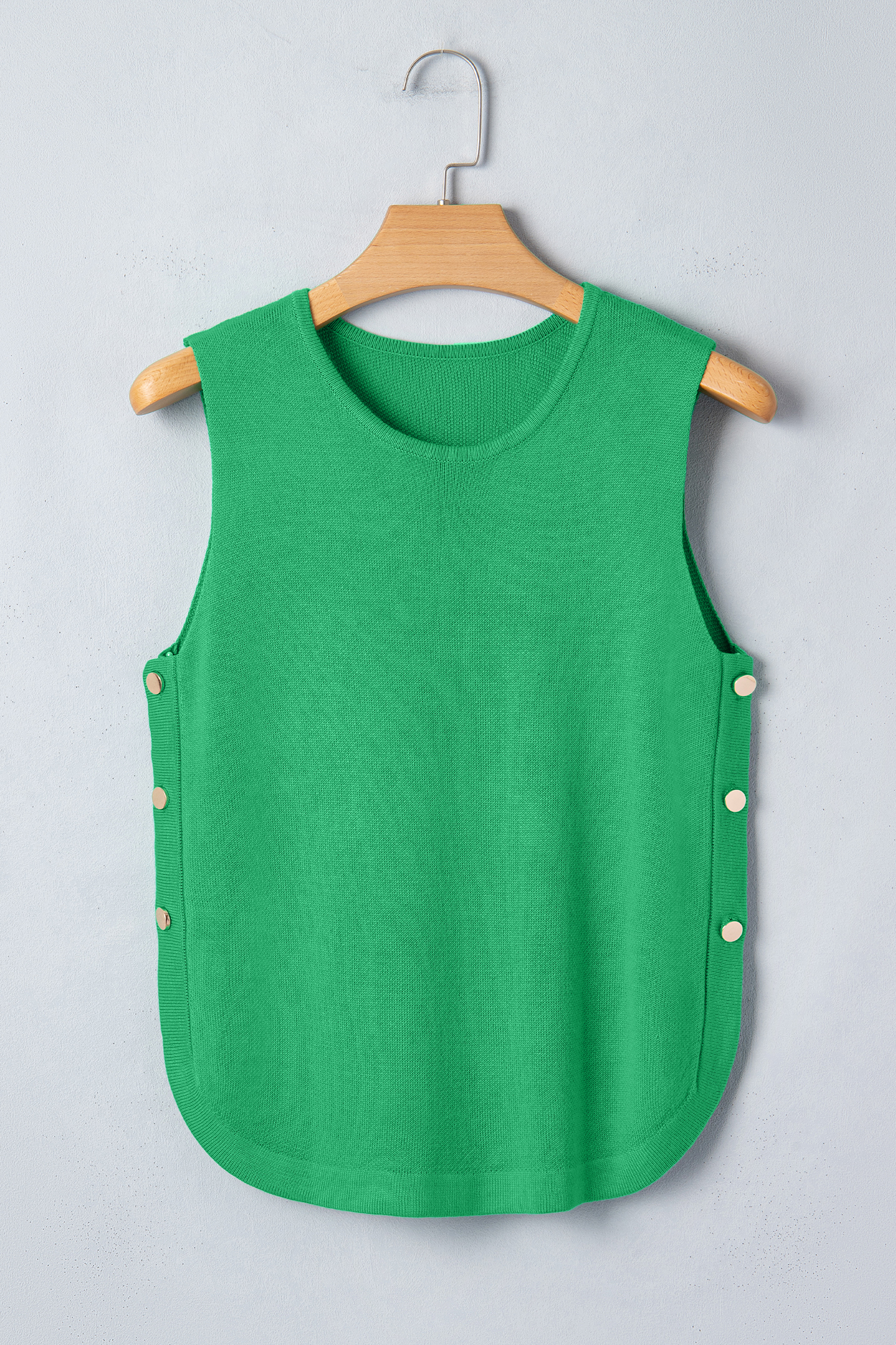 Bright Green Side Button Round Neck Knit Sleeveless Sweater - loveforevers