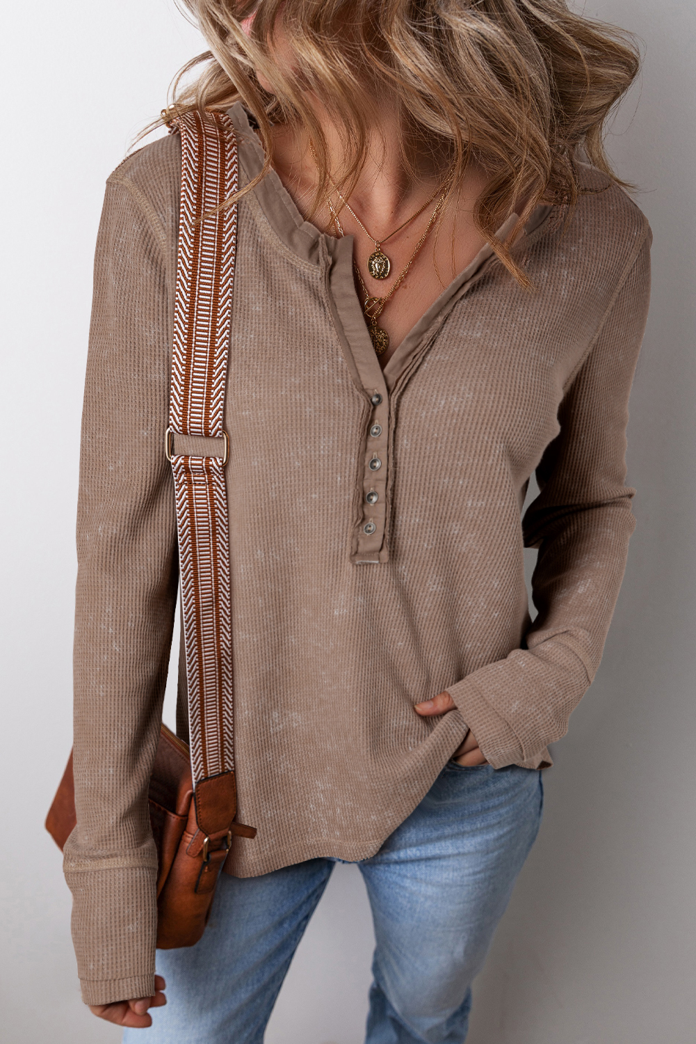 Smoke Green Acid Wash Waffle Knit Buttoned Neckline Long Sleeve Top - loveforevers