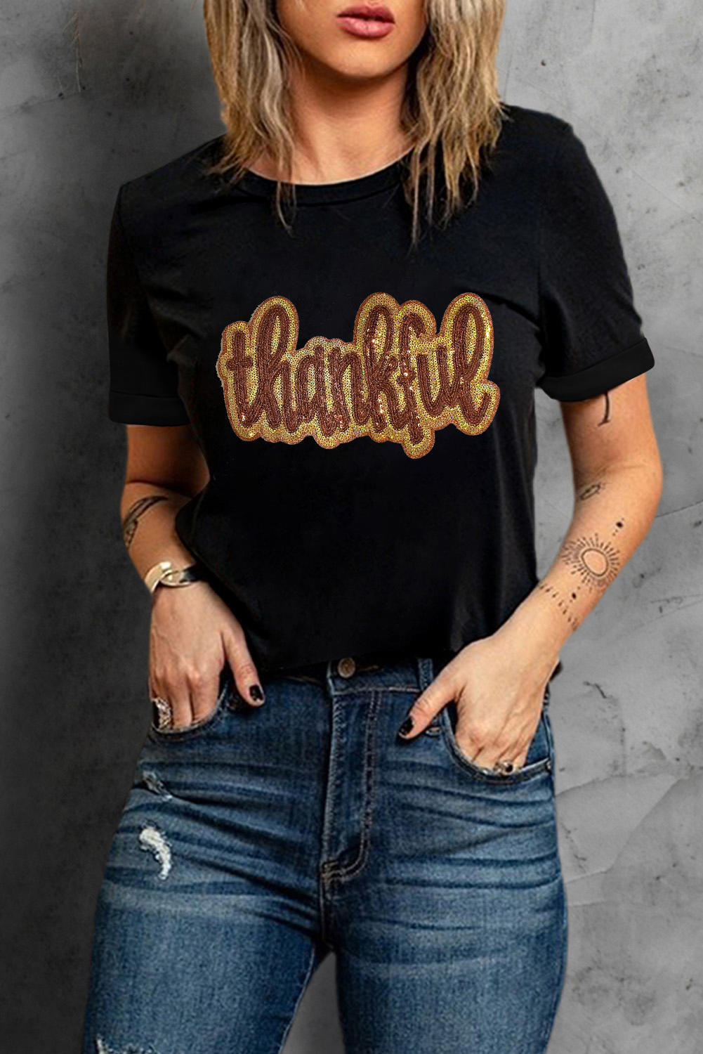 Black Sequined Thankful Round Neck Graphic Tee - loveforevers
