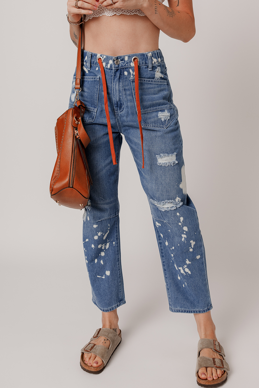 Ashleigh Blue Ripped Splattering Paint Rope Waist Cropped Straight Jeans - loveforevers