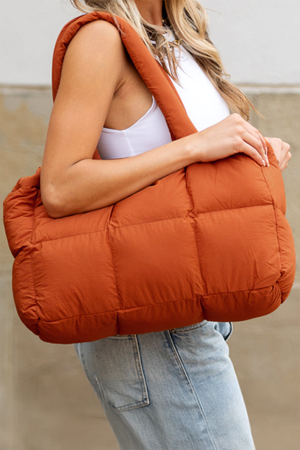 White Solid Quilted Puffy Zipped Large Tote Bag - loveforevers