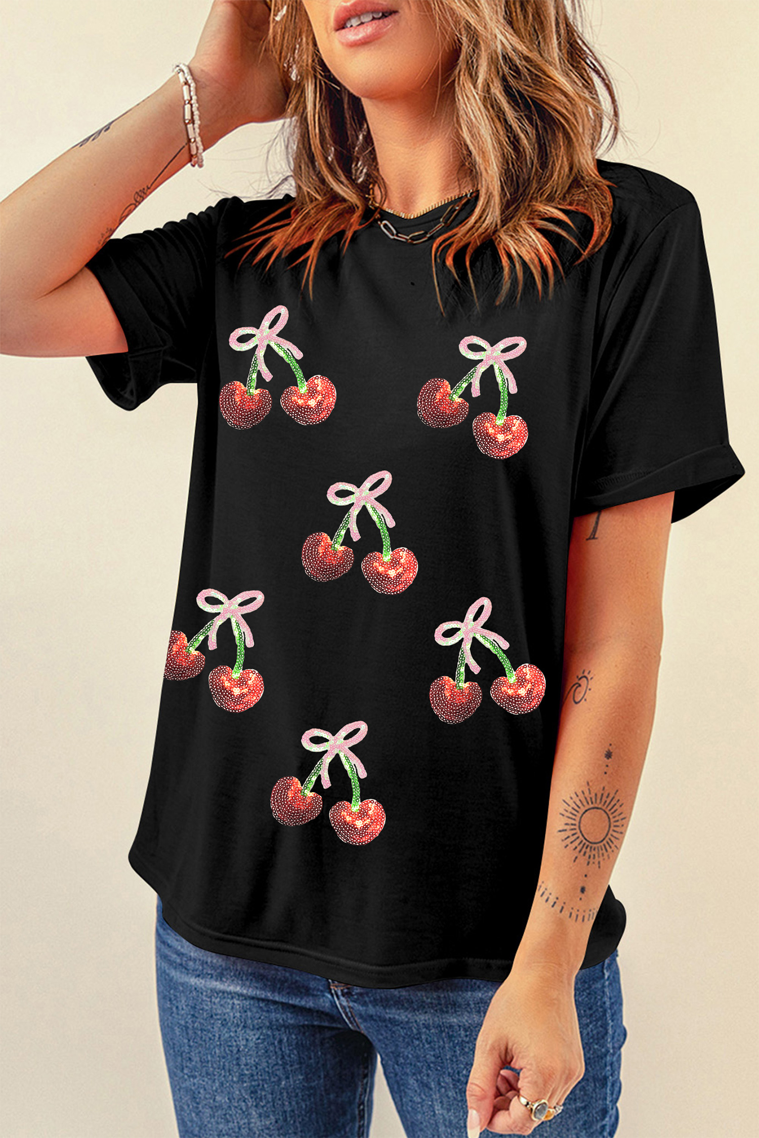 Black Sequin Bow Cheery Patched Valentines Graphic Tee - loveforevers
