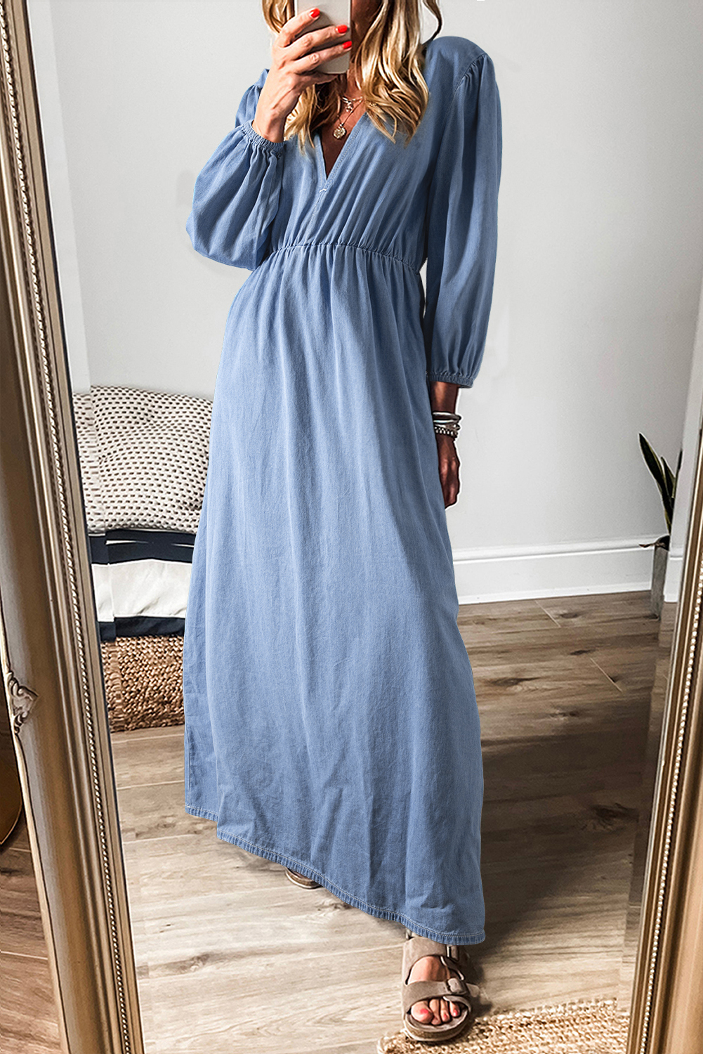 Myosotis Chambray Deep V Neck Bracelet Sleeve Maxi Dress - loveforevers