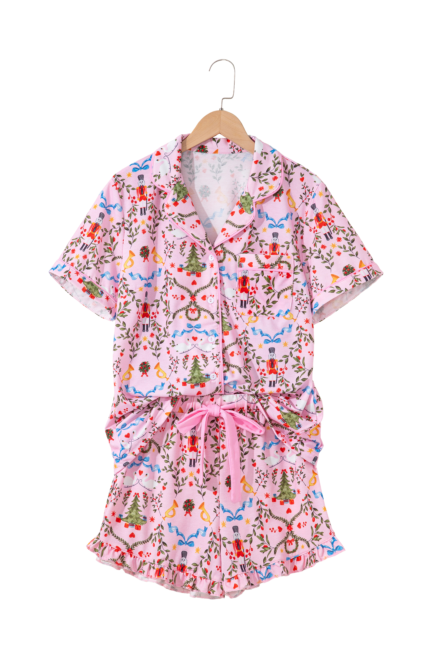 Pink Nutcracker Doll Christmas Print Ribbon Tie Waist Short 2pcs Pajama Set - loveforevers