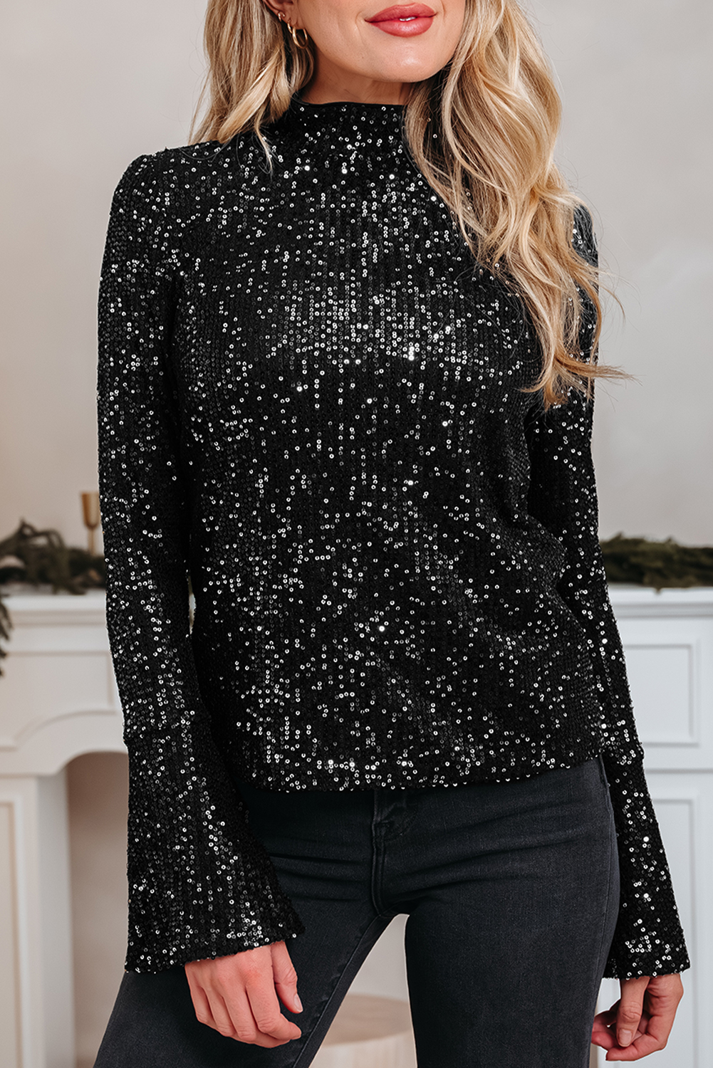 Jet Stream Sequin Mock Neck Drape Open Back Bell Sleeve Top - loveforevers