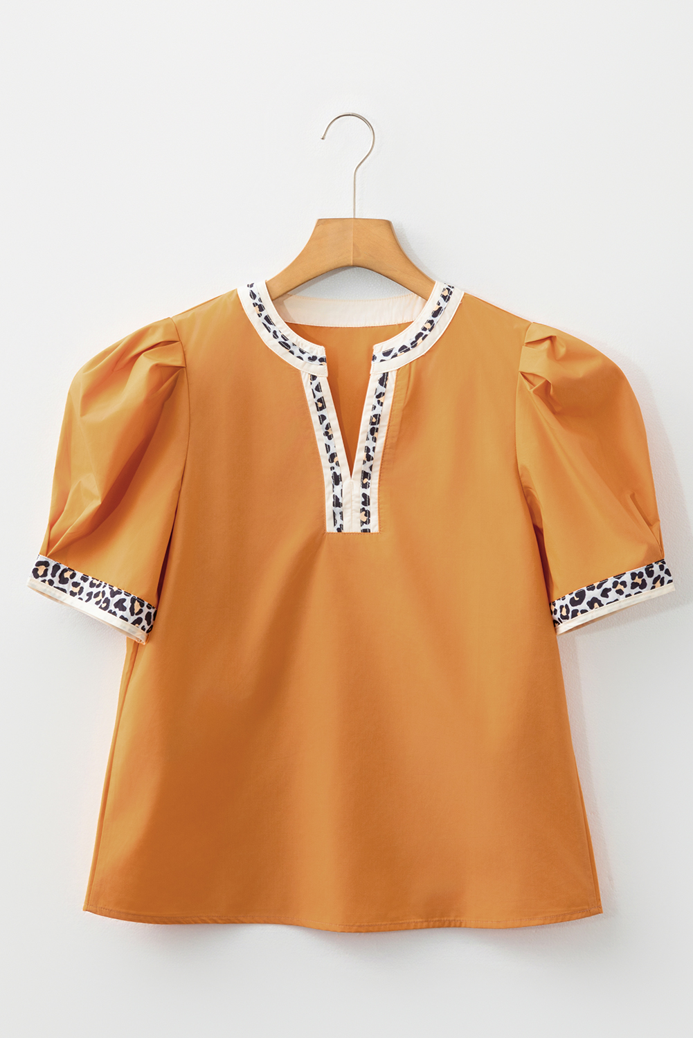 Buckskin Contrast Leopard Trim Split Neck Puff Sleeve Blouse - loveforevers