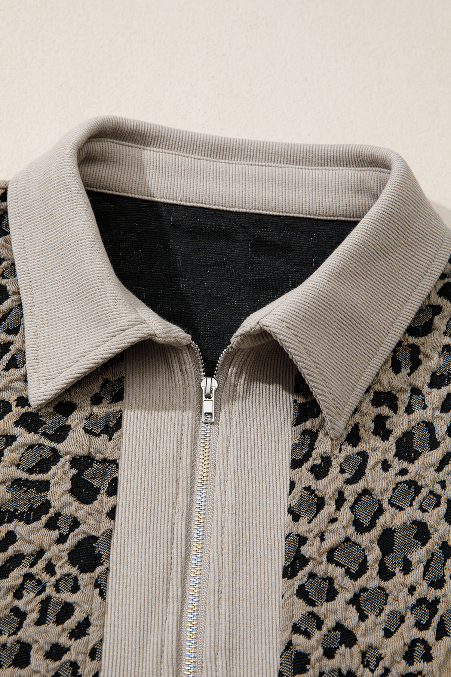 Beige Zip up Collared Leopard Cap Sleeve Top - loveforevers