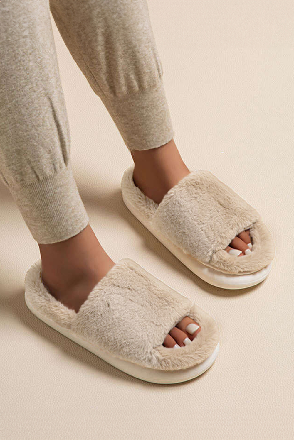 Chestnut Furry Open Toe Thick Sole Slippers - loveforevers