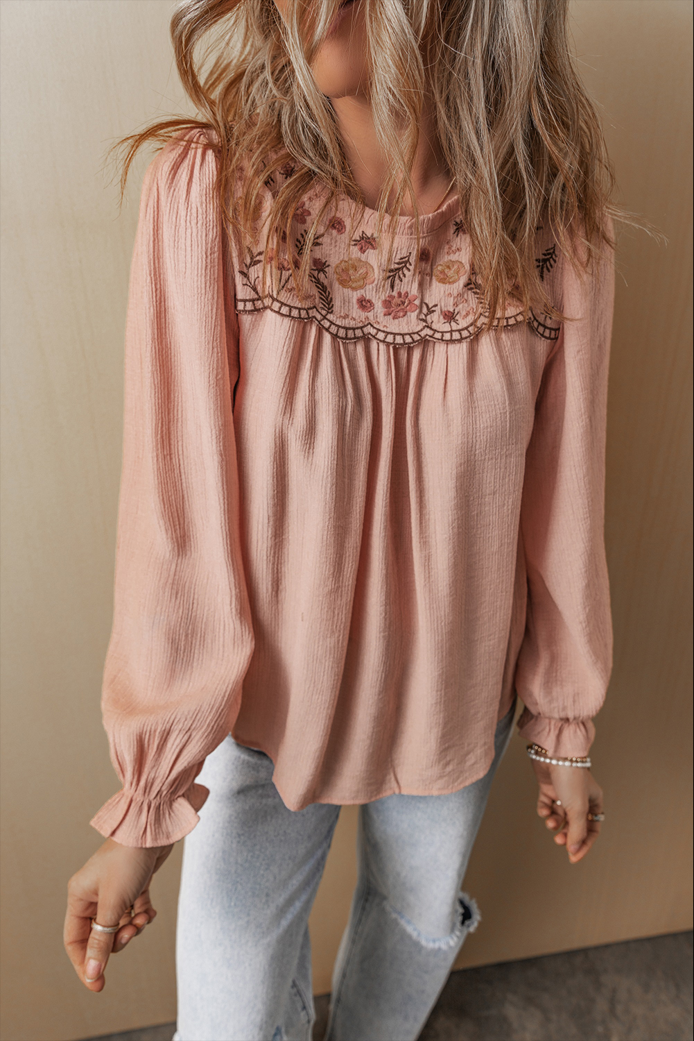 Gossamer Pink Floral Embroidered Textured Flounce Sleeve Elegant Blouse - loveforevers