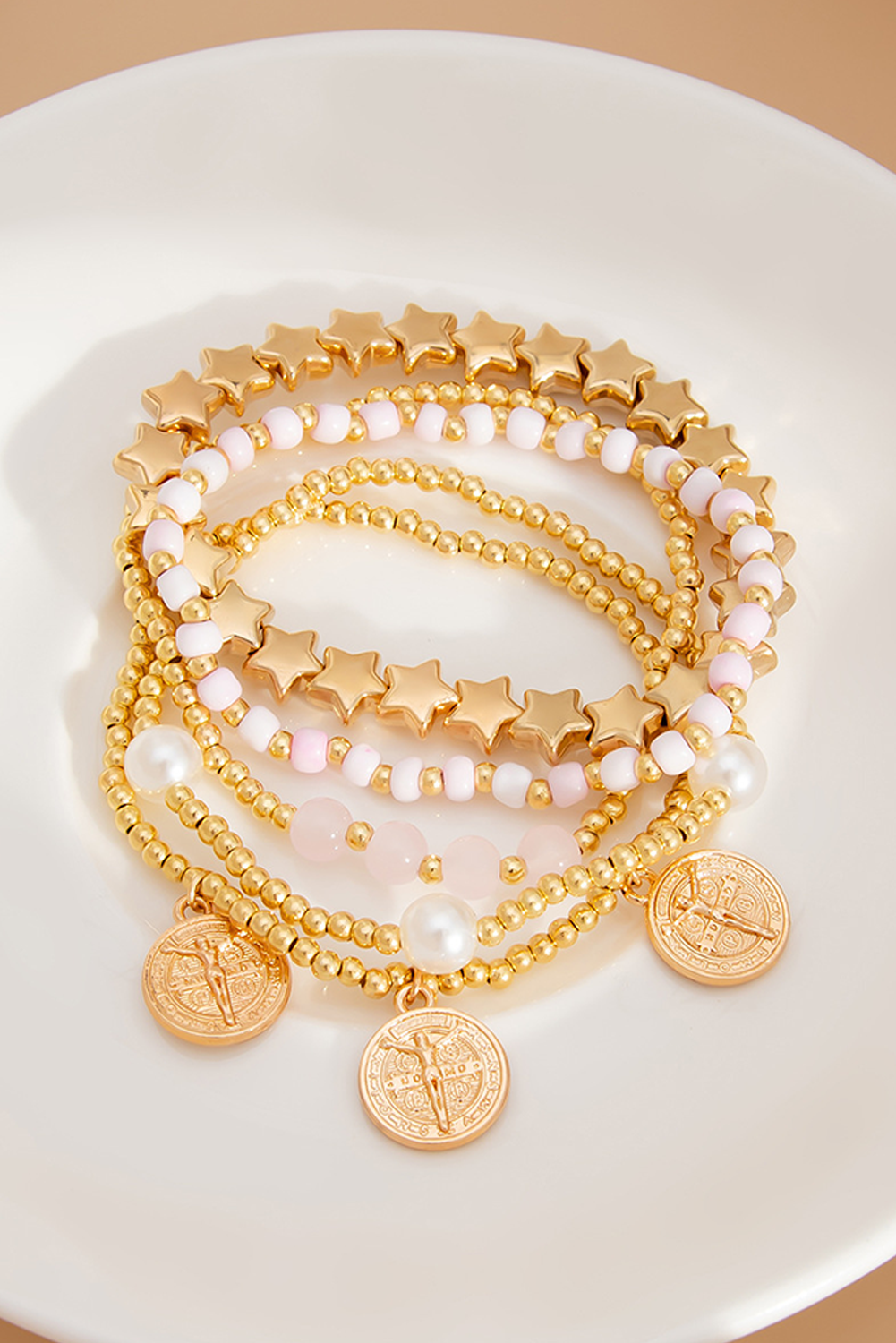 Gold Discs Pearl Stars Beaded Multi Layer Bracelet Set - loveforevers