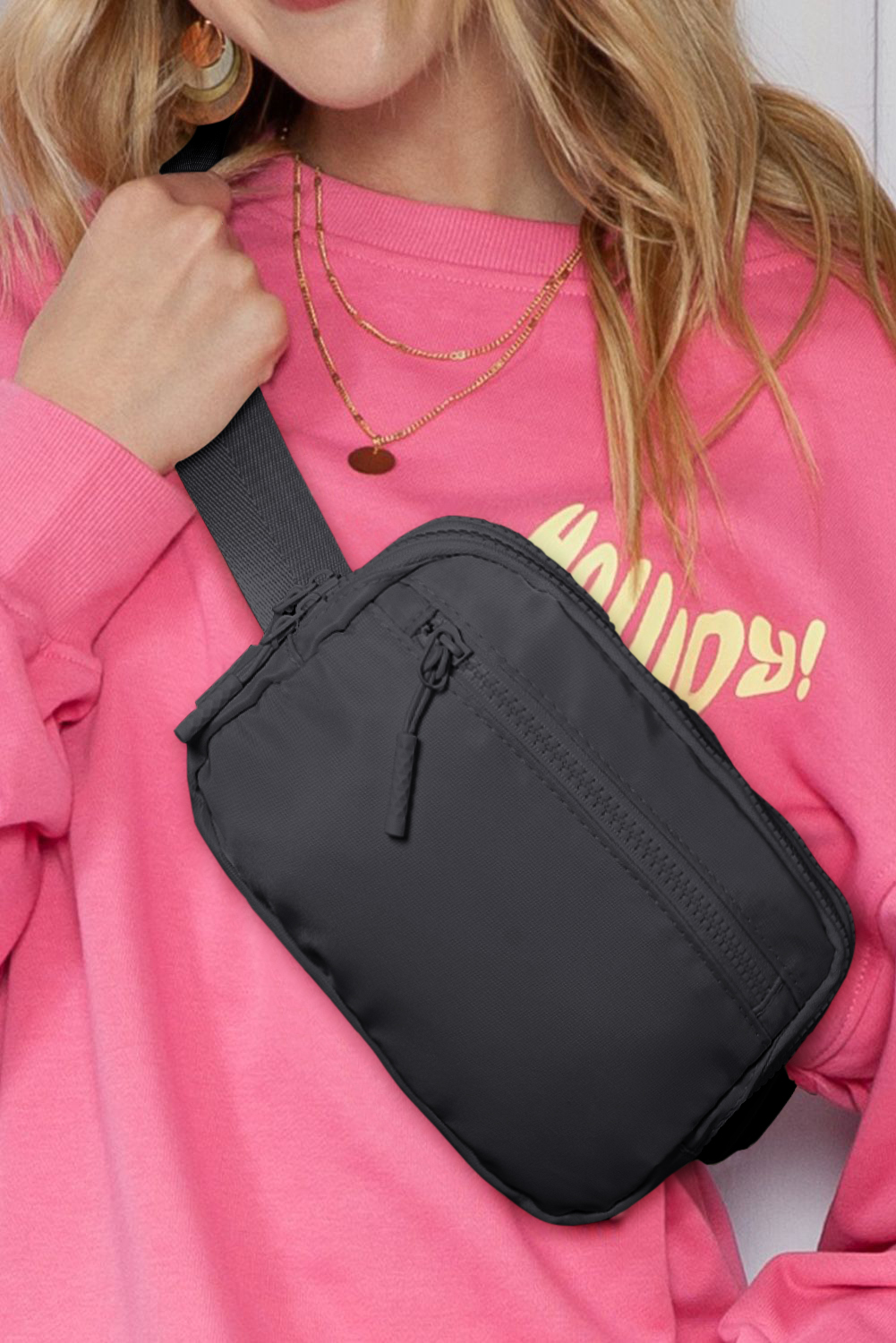 Black Wide Belt Zipped Square Crossbody Bag - loveforevers