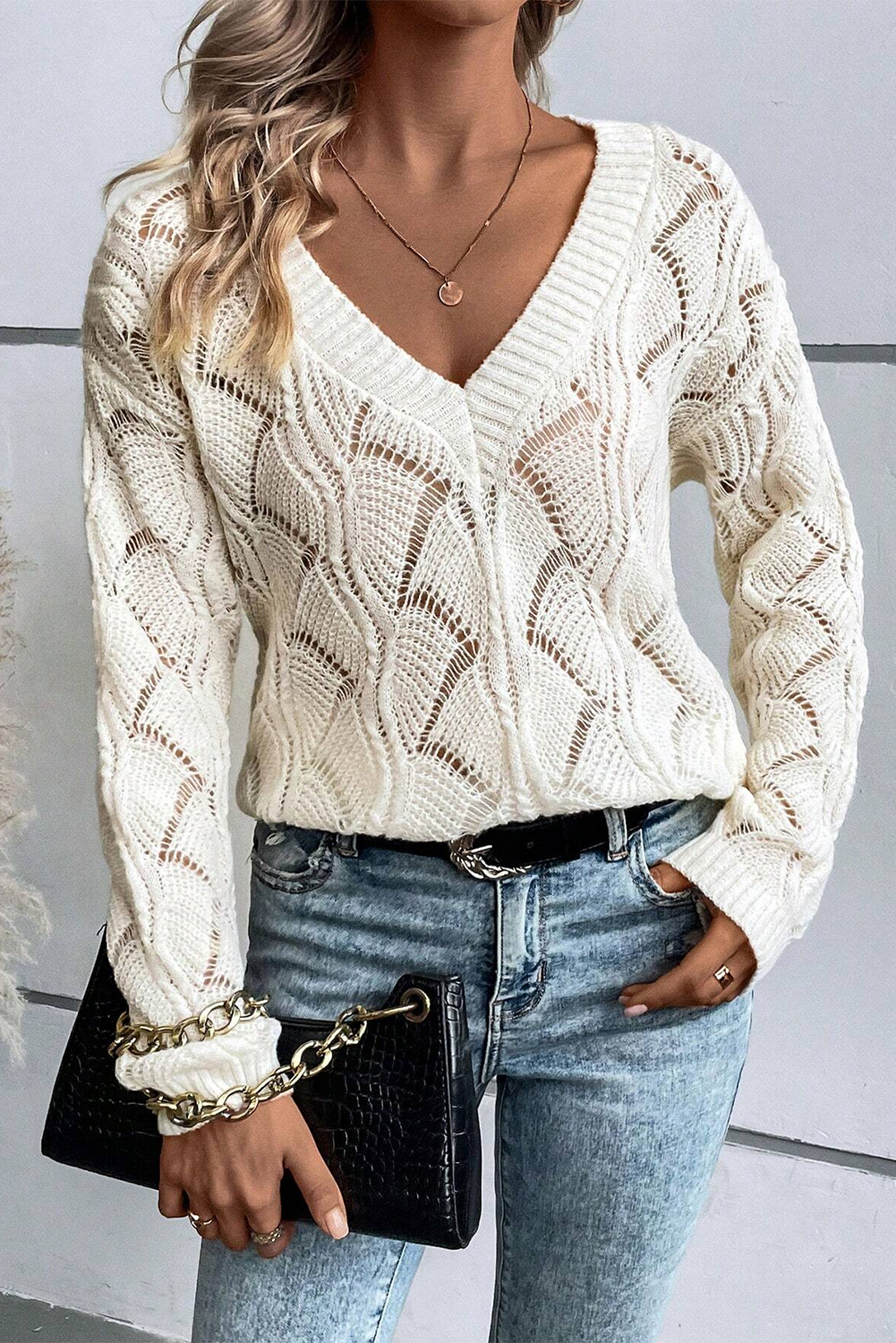 Beige Hollow Out Knit V Neck Drop Shoulder Sweater - loveforevers