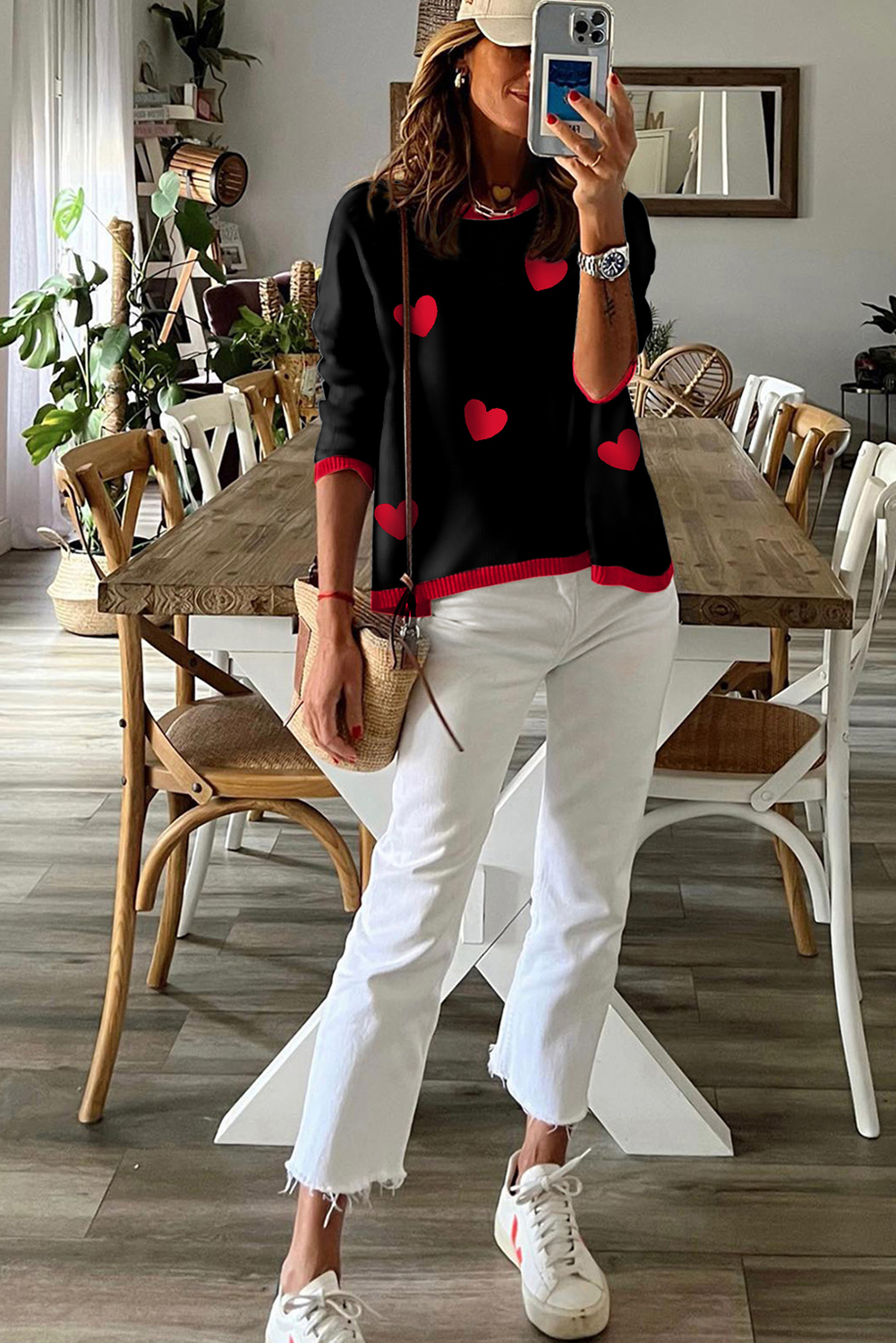 Black white Heart Print Contrast Trim Drop Shoulder Sweater - loveforevers