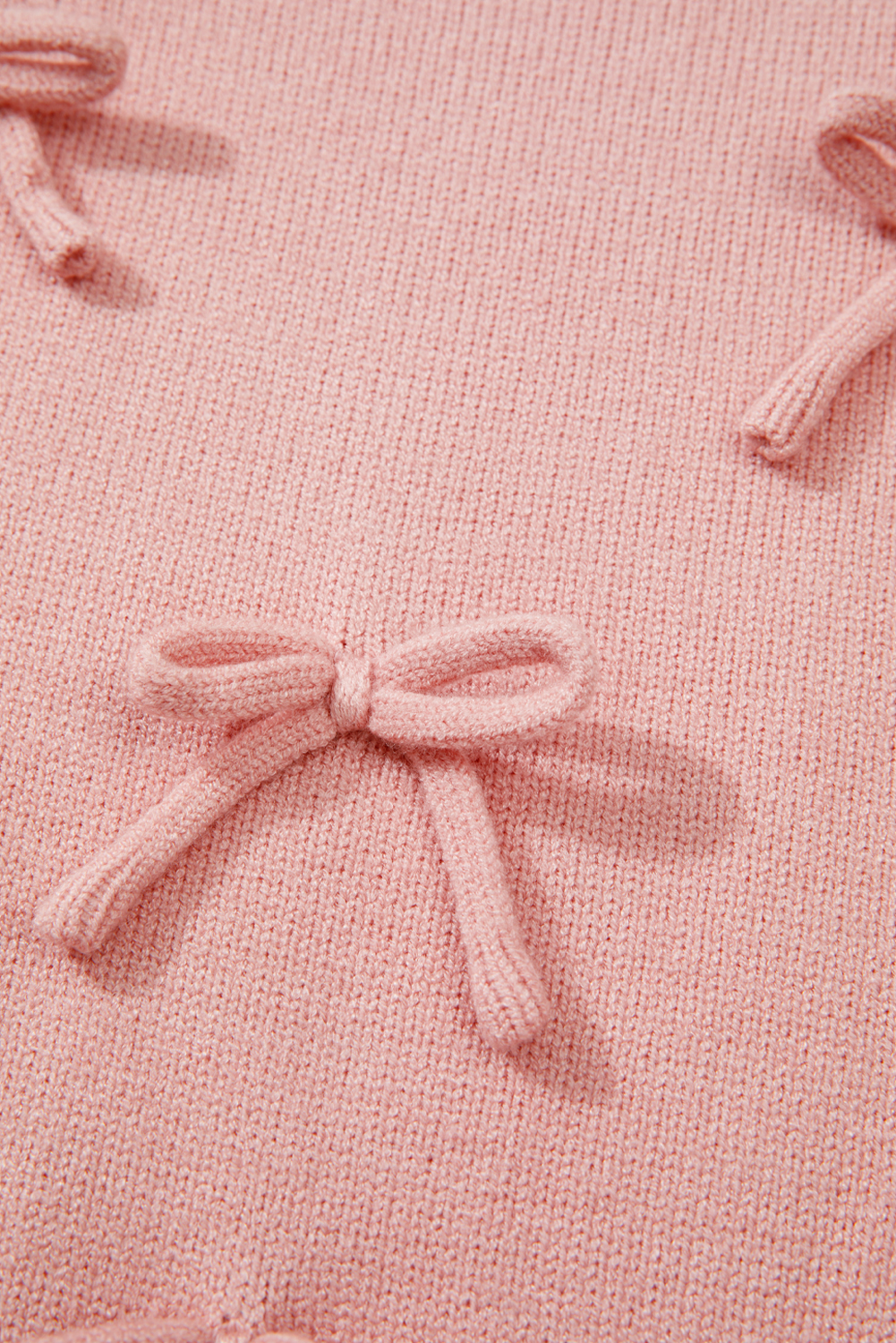 Light Pink Ruffled Bowknot Ribbed Trim Long Sleeve Sweater - loveforevers