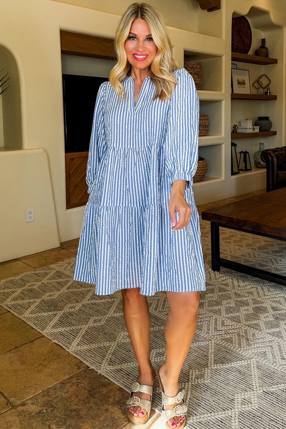 Sky Blue Stripe Bracelet Sleeve Tiered Shift Dress with Pockets - loveforevers