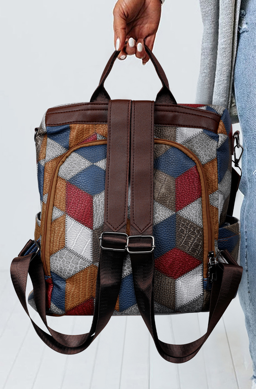 Chestnut Geometric Soft PU Leather Large Convertible Backpack - loveforevers