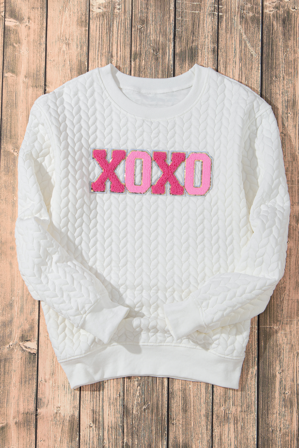 White LOVE Chenille Embroidered Cable Knit Pullover Sweatshirt - loveforevers