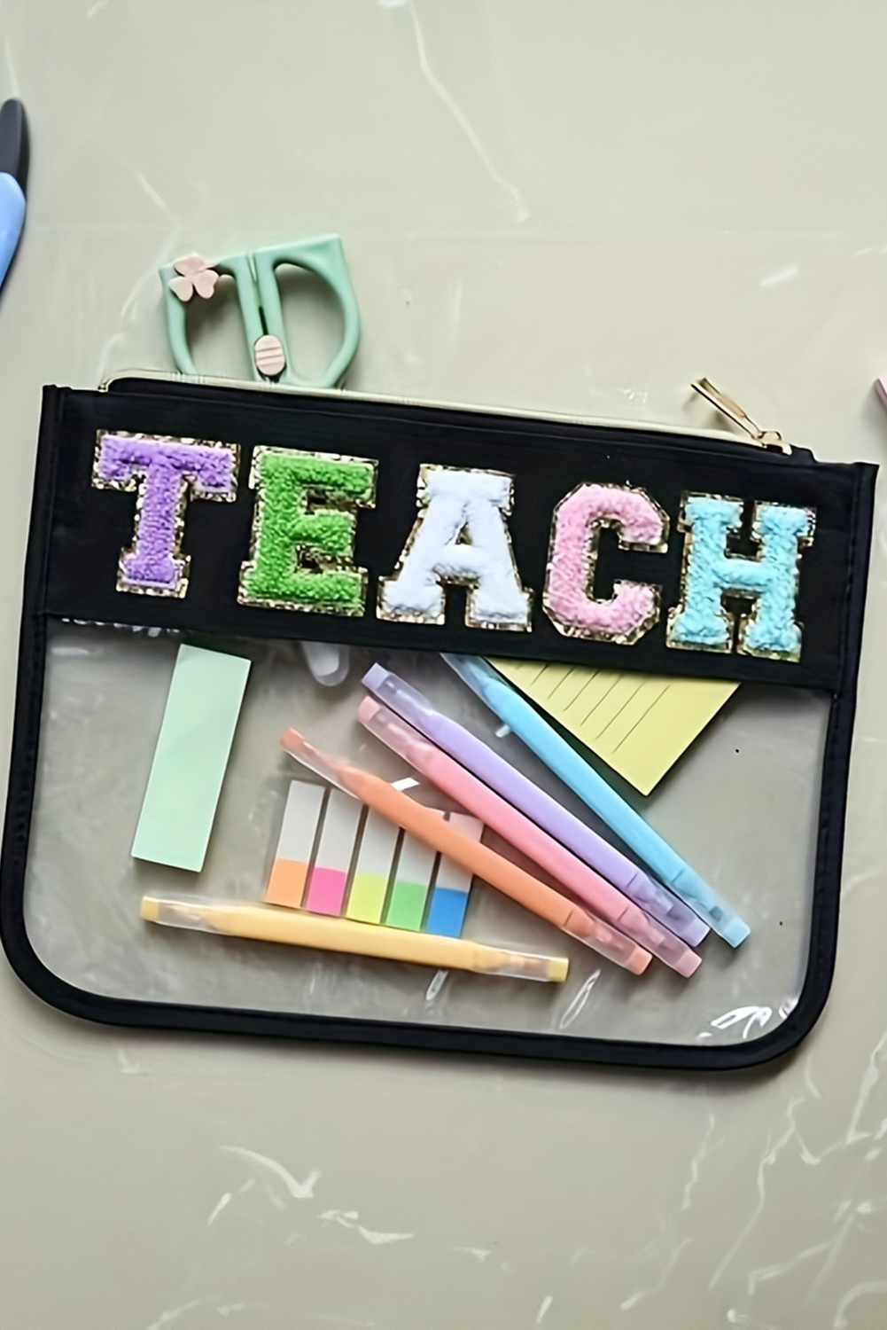 Black TEACH Glitter Chenille Clear PVC Makeup Bag - loveforevers