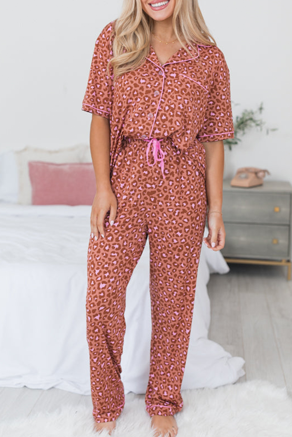 Brown Leopard Print Short Sleeve Shirt and Pants Pajamas Set - loveforevers