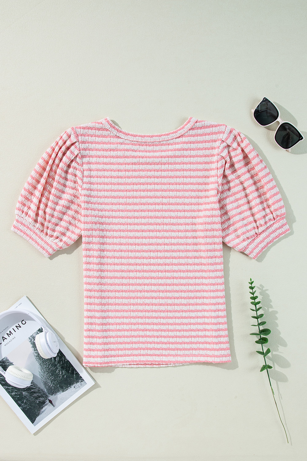 Pink Stripe Textured Puff Sleeve Crewneck Top - loveforevers