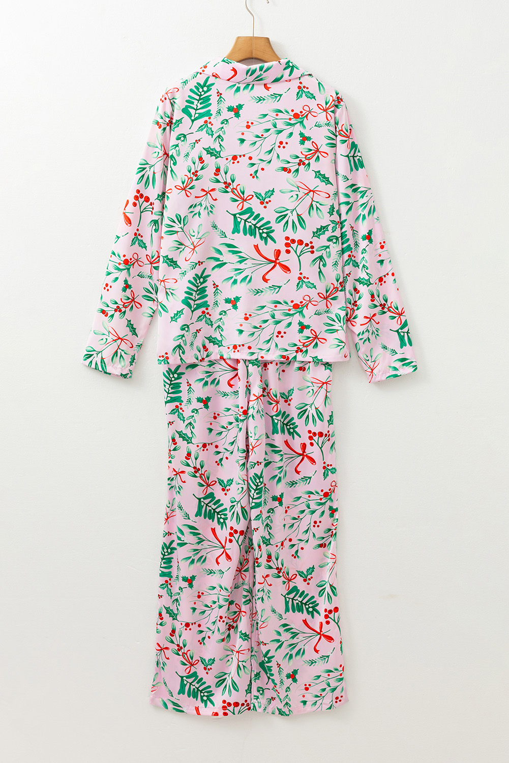 Pink Christmas Berries Plant Print Satin Long Sleeve Pajama Set - loveforevers