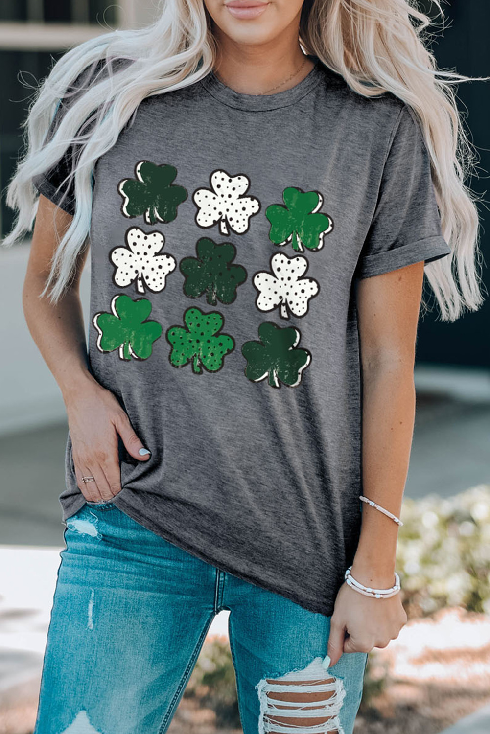Black St. Patricks Lucky Clover Print O Neck T Shirt - loveforevers