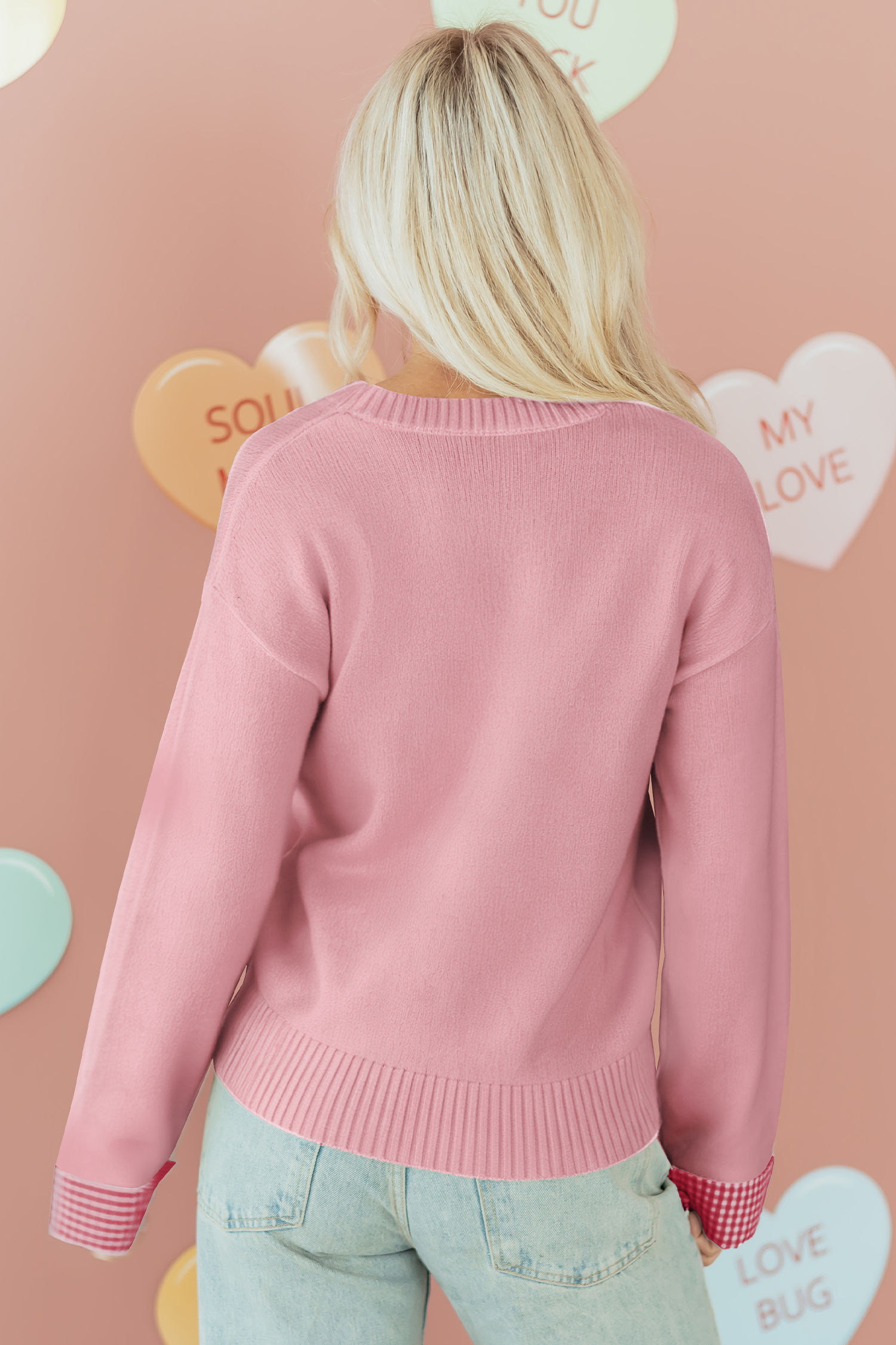 Light Pink Plaid Heart Embroidered Cuffed Drop Shoulder Crew Neck Sweater - loveforevers