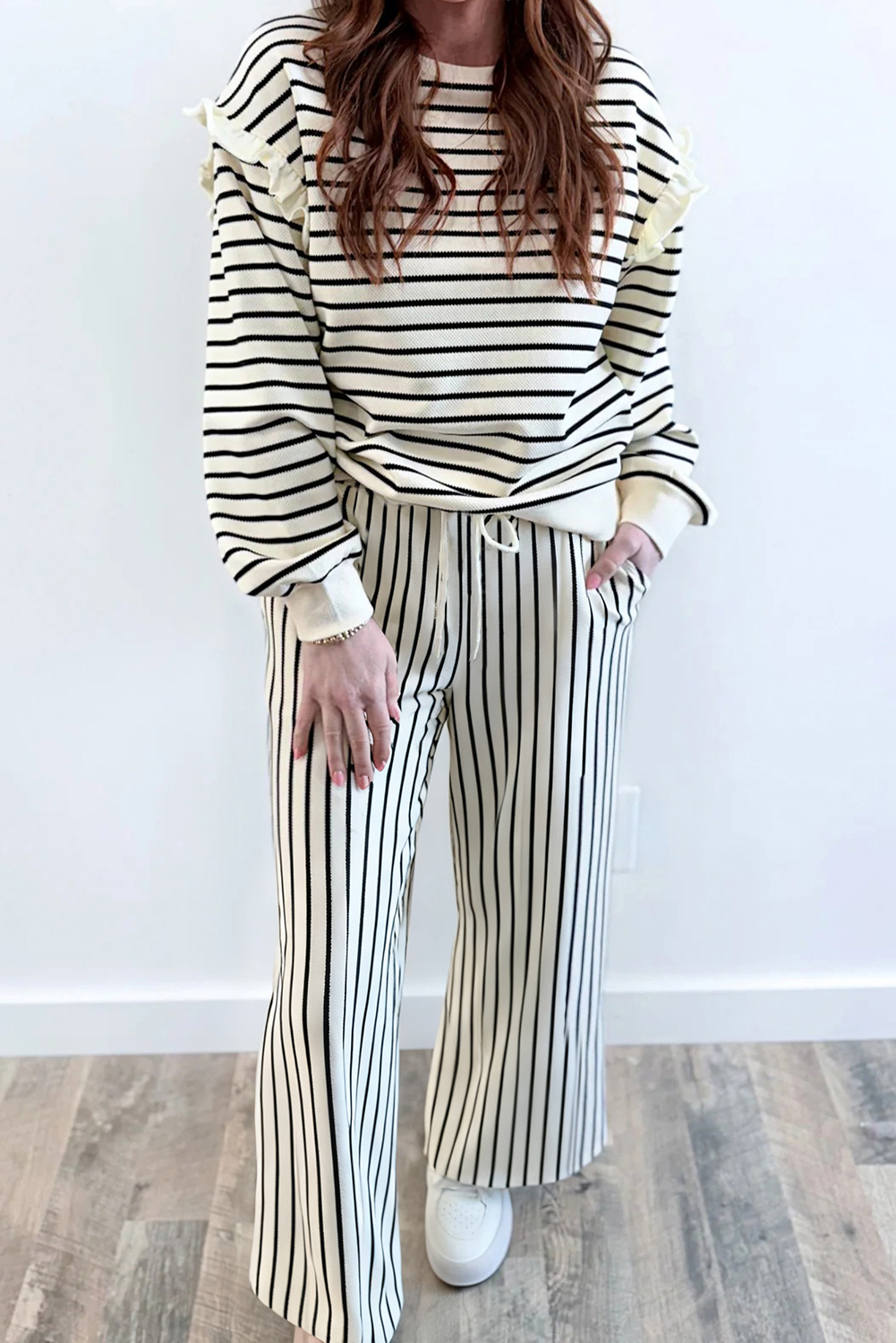 White Stripe Ruffle Trim Drop Shoulder Top Drawstring Loose Pant Set - loveforevers