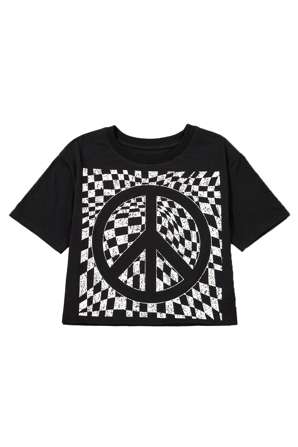 Black Checkerboard Peace Sign Printed Round Neck T Shirt - loveforevers