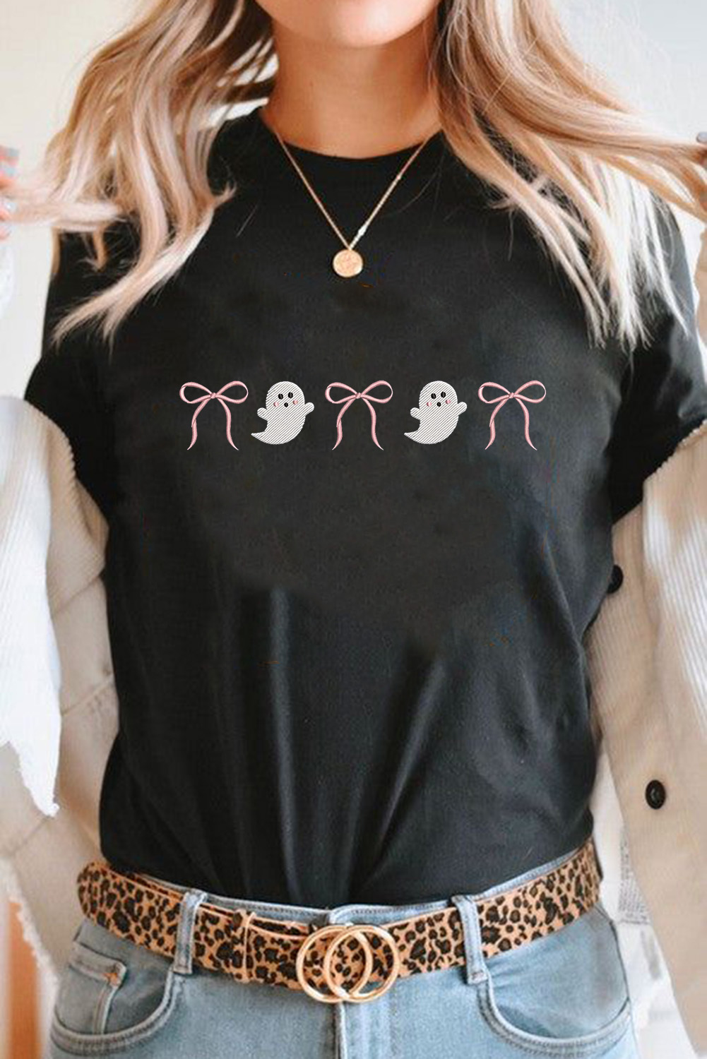 Black Halloween Ghost Bow Embroidered Loose T Shirt - loveforevers